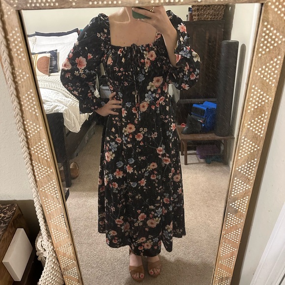 SHEIN Black Flowered Ruched Bust Midi Dress, Size L, NWOT - Picture 2 of 6